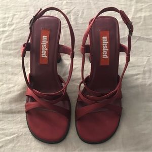 Burgundy satin fabric Unlisted strappy, open toed heels in size 7 - never worn.